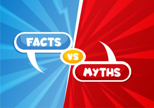 Myths vs facts, truth and false or true and fiction fake, vector background. Myths vs facts and truth or false buster popup bubbles with true and false quiz game on red and blue background